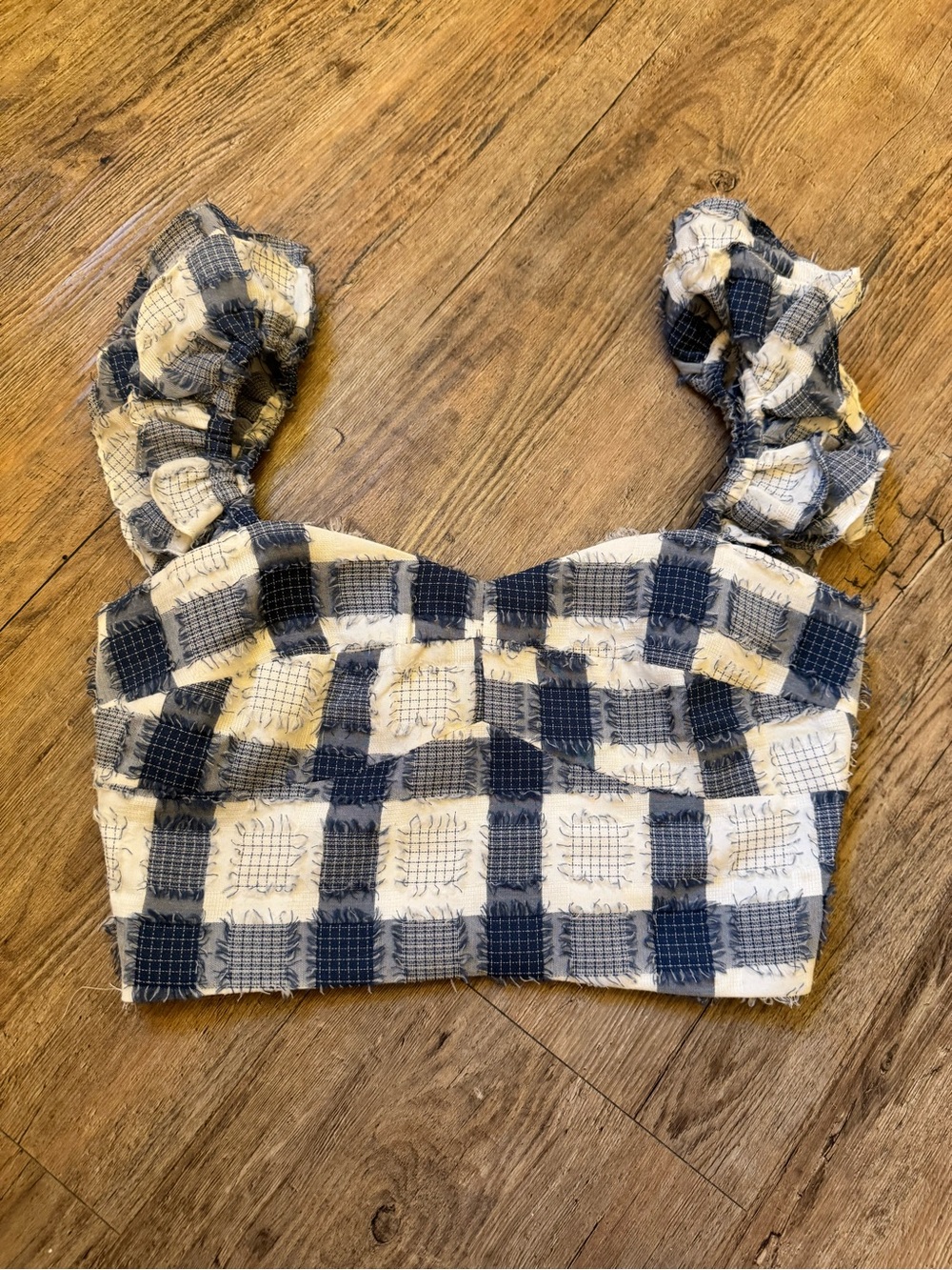 Ruffled Strap Checked Crop Top in Navy and White